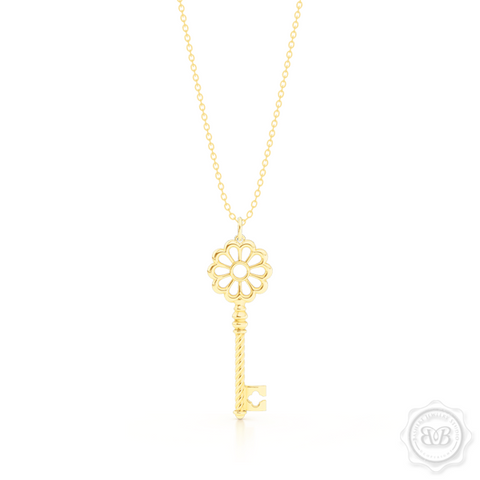 Intricate Key Pendant Necklace, inspired by Venetian architecture elements. handcrafted in 14K or 18K Yellow Gold. Available in three sizes. Free Silver Chain option. Free Shipping USA. 30-Day Returns. | BASHERT JEWELRY | Boca Raton, Florida