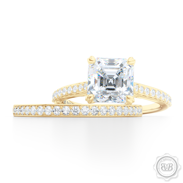Classic Four-Prong Asscher Cut Diamond Solitaire Ring. Handcrafted in two-tone Yellow Gold and Platinum. Elegantly Tapered Bead-Set Diamond Shoulders.  GIA Certified center Diamond.  Free Shipping USA. 30-Day Returns | BASHERT JEWELRY | Boca Raton, Florida.