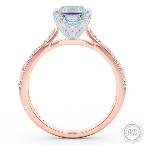 Classic Four-Prong Asscher Cut Diamond Solitaire Ring. Handcrafted in two-tone Rose Gold and Platinum. Elegantly Tapered Bead-Set Diamond Shoulders.  GIA Certified center Diamond.  Free Shipping USA. 30-Day Returns | BASHERT JEWELRY | Boca Raton, Florida.