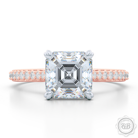 Classic Four-Prong Asscher Cut Moissanite Solitaire Ring. Handcrafted in two-tone Rose Gold and Platinum. Elegantly Tapered Bead-Set Diamond Shoulders. Forever One Charles & Colvard Moissanite.  Free Shipping USA. 30-Day Returns | BASHERT JEWELRY | Boca Raton, Florida.