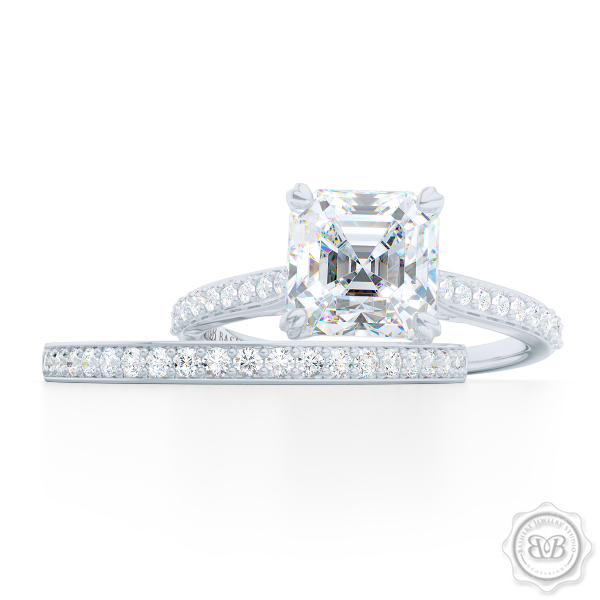 Classic Four-Prong Asscher Cut Diamond Solitaire Ring. Handcrafted in White Gold or Platinum. Elegantly Tapered Bead-Set Diamond Shoulders.  GIA Certified center Diamond.  Free Shipping USA. 30-Day Returns | BASHERT JEWELRY | Boca Raton, Florida.