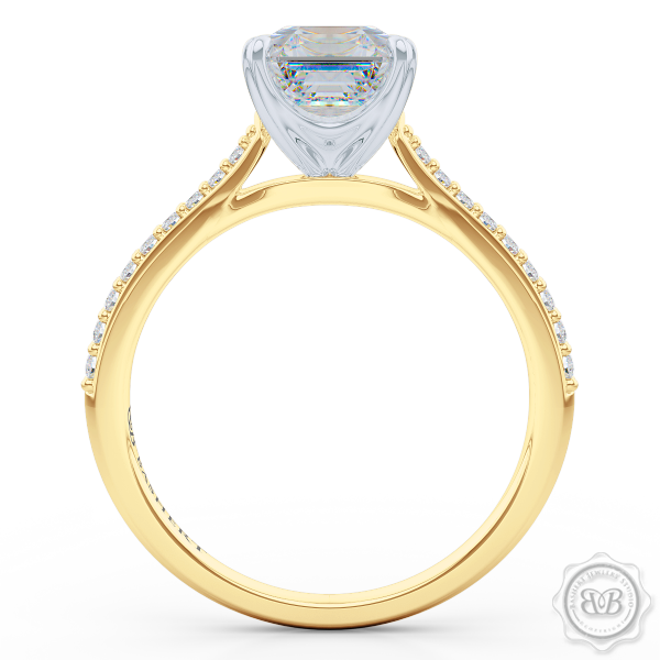 Classic Four-Prong Asscher Cut Diamond Solitaire Ring. Handcrafted in two-tone Yellow Gold and Platinum. Elegantly Tapered Bead-Set Diamond Shoulders.  GIA Certified center Diamond.  Free Shipping USA. 30-Day Returns | BASHERT JEWELRY | Boca Raton, Florida.