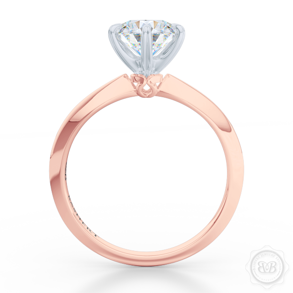 Classic Six-Prong Round Diamond Solitaire Ring Crafted in Romantic Rose Gold and Precious Platinum.  Create Your Own Dream Engagement Ring.  Free Shipping USA. 30-Day Returns | BASHERT JEWELRY | Boca Raton, Florida