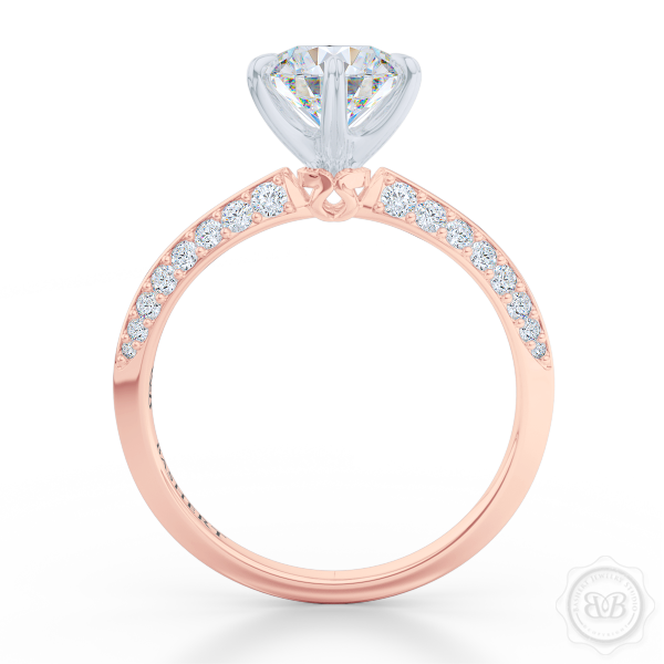 Classic Six-Prong Round Solitaire Engagement Ring. Elegantly beveled knife-edge Diamond shoulders. Handcrafted in two-tone Rose Gold and Platinum. Charles & Colvard Round Brilliant Moissanite. Free Shipping USA.  30Day Returns | BASHERT JEWELRY | Boca Raton Florida