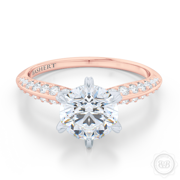 Classic Six-Prong Round Solitaire Engagement Ring. Elegantly beveled knife-edge Diamond shoulders. Handcrafted in two-tone Rose Gold and Platinum. Charles & Colvard Round Brilliant Moissanite. Free Shipping USA.  30Day Returns | BASHERT JEWELRY | Boca Raton Florida