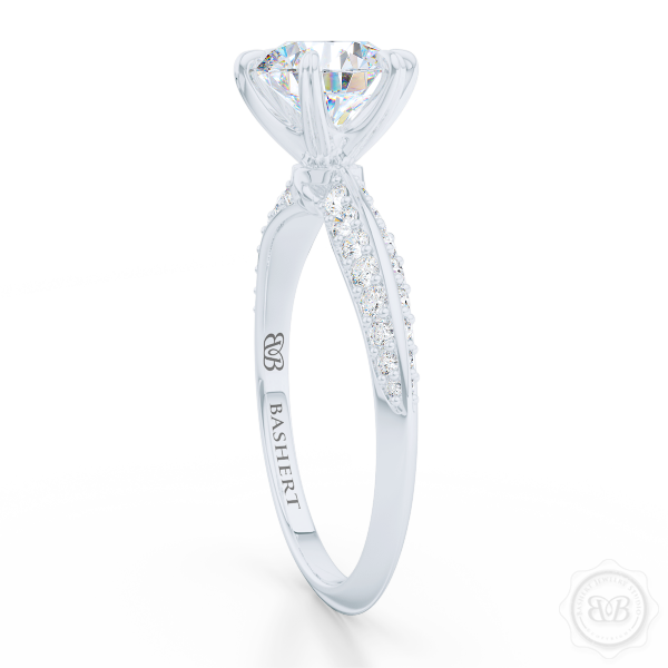 Classic Six-Prong Round Diamond Solitaire Engagement Ring. Elegantly beveled knife -edge, Diamond shoulders. Handcrafted in White Gold and Platinum. Find a GIA Certified Diamond. Free Shipping USA.  30Day Returns | BASHERT JEWELRY | Boca Raton Florida