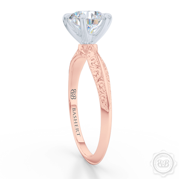 Classic knife-edge six-prong round Diamond Solitaire Engagement Ring. Crafted in Romantic Rose Gold and Precious Platinum. Elegantly hand-engraved starry swirl shoulders. GIA Certified Diamond.  Free Shipping USA. 30-Day Returns | BASHERT JEWELRY | Boca Raton, Florida