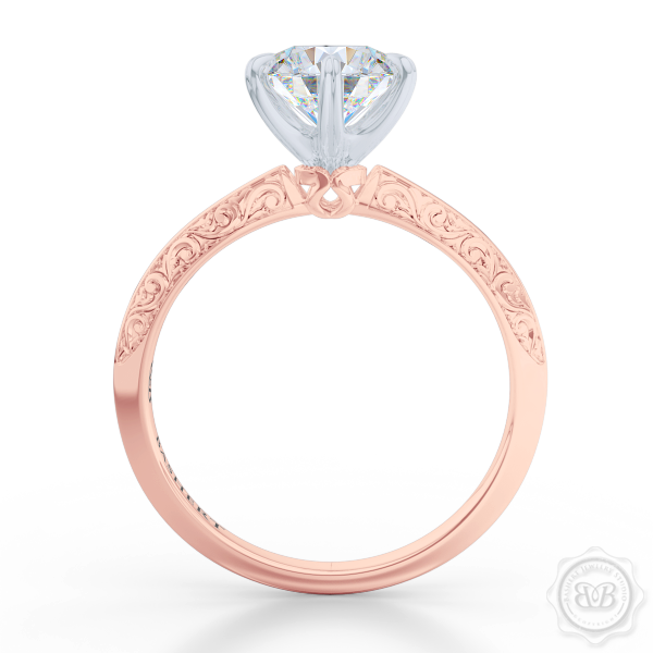Classic knife-edge six-prong round Diamond Solitaire Engagement Ring. Crafted in Romantic Rose Gold and Precious Platinum. Elegantly hand-engraved starry swirl shoulders. GIA Certified Diamond.  Free Shipping USA. 30-Day Returns | BASHERT JEWELRY | Boca Raton, Florida