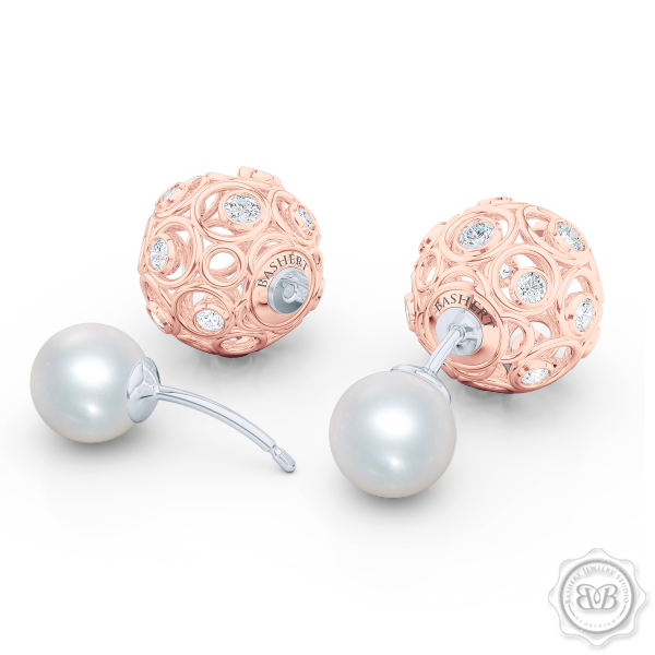 A Chic, Sophisticated Touch of Elegance. Diamond Iced Globes and White Akoya Pearl Double-Sided Tribal Earrings, Handcrafted in Romantic Rose Gold. Free Shipping on All USA Orders. 30Day Returns | BASHERT JEWELRY | Boca Raton Florida