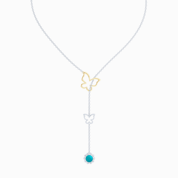 Sterling Silver Lariat Necklace. Pull-through Butterfly Accent. Silver Flower Drop adorned with a genuine Sleeping Beauty Turquoise or gemstone of your choice.  Free Shipping to all USA. 15 Day Returns. BASHERT JEWELRY | Boca Raton, Florida