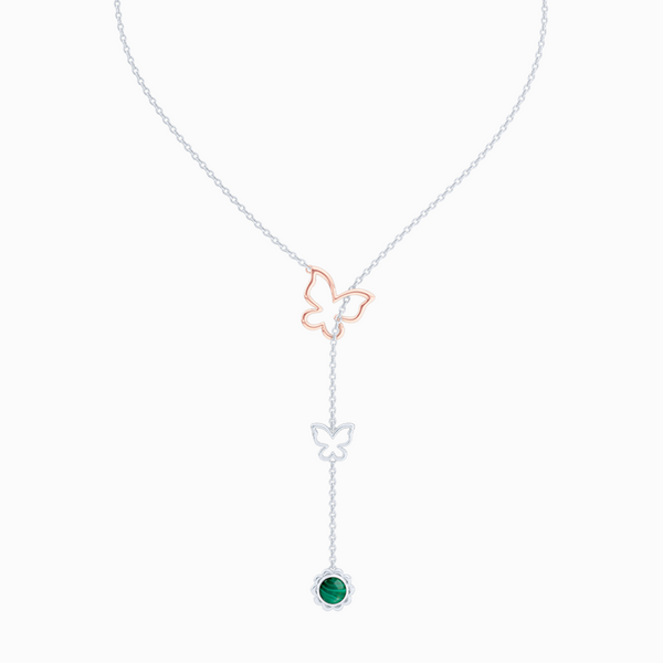 Sterling Silver Lariat Necklace. Pull-through Butterfly Accent. Silver Flower Drop adorned with a genuine Malachite or gemstone of your choice.  Free Shipping to all USA. 15 Day Returns. BASHERT JEWELRY | Boca Raton, Florida