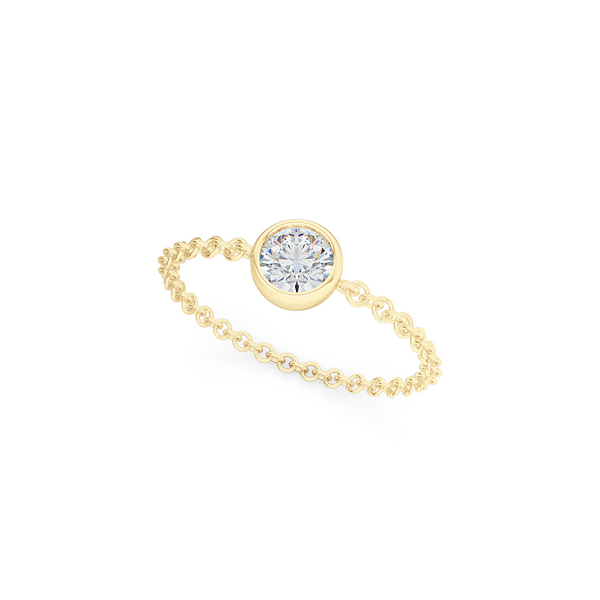 Fashion, stackable ring, featuring bezel set round diamond, suspended on a filigree chain. Hand-fabricated in ethically sourced, solid Yellow Gold. | Free Shipping on all orders in The USA. |  Bashert Jewelry.  Boca Raton Florida.