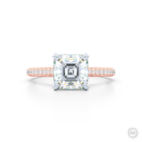Two-tone gold, classic Four-Prong Asscher Cut Diamond Solitaire Engagement Ring. Handcrafted in Rose Gold and Platinum crown. Elegantly Tapered Bead-Set Diamond Shoulders.  GIA Certified Asscher cut Diamond.  Free Shipping USA. 30-Day Returns | BASHERT JEWELRY | Boca Raton, Florida.
