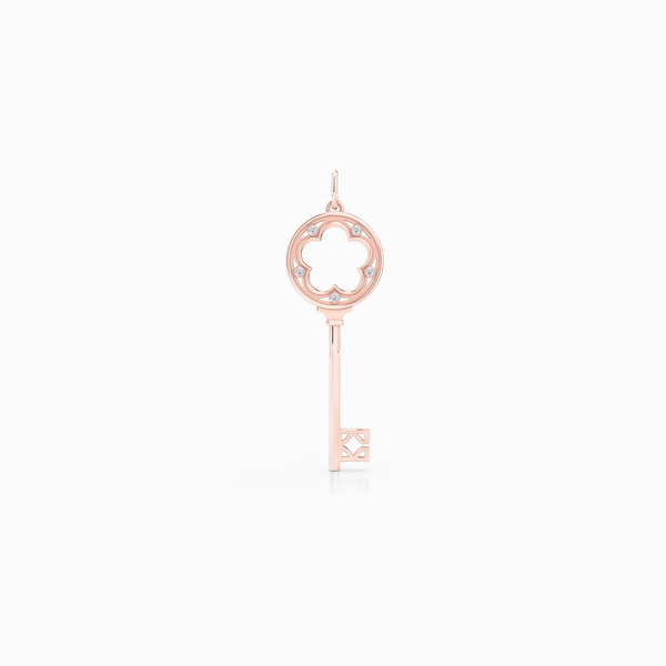 A classic Clover Key Pendant with an elegant appeal. Hand-fabricated in sustainable, solid Rose Gold. Adorned with 0.05ct Round Brilliant Diamond Set in Soft Bezel Pots. Free Shipping for All USA Orders. 15 Day Returns | BASHERT JEWELRY | Boca Raton, Florida