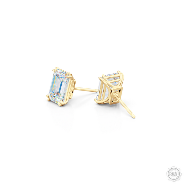 Classic Emerald cut Moissanite Stud Earrings. Handcrafted in Classic Yellow Gold. Find The Perfect Pair for Your Budget.  Lab-Grown Diamonds options available! Free Shipping on All USA Orders. 30-Day Returns | BASHERT JEWELRY | Boca Raton, Florida.