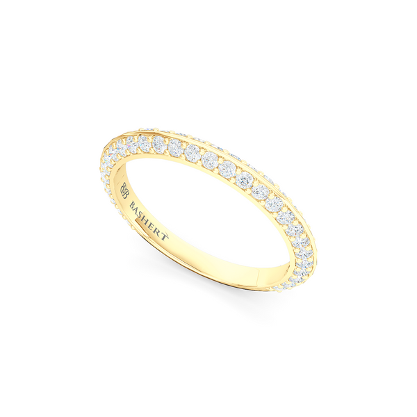 Knife-Edge, diamond encrusted wedding ring. Elegant bevel sides with a bead-set brilliant  diamond melees, hand-fabricated in Classic Yellow Gold. Free Shipping for All USA Orders. | BASHERT JEWELRY | Boca Raton, Florida.