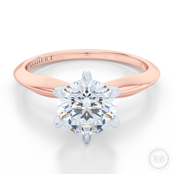 Classic Six-Prong Diamond Solitaire Ring Crafted in two-tone Romantic Rose Gold and Precious Platinum crown. GIA certified Round Brilliant Diamond. Classic knife-edge ring shoulders.  Free Shipping USA. 30-Day Returns | BASHERT JEWELRY | Boca Raton, Florida