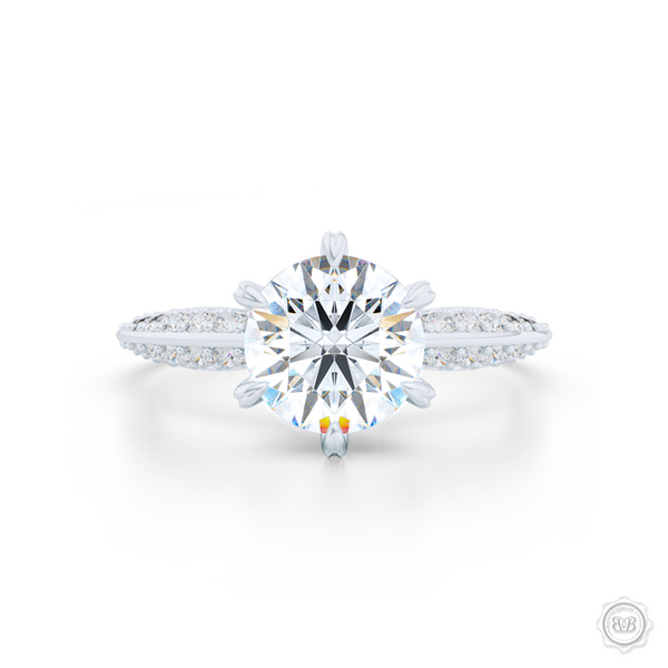 Classic Six-Prong Diamond Solitaire Engagement Ring. Elegantly beveled knife -edge, Diamond encrusted shoulders. Handcrafted in White Gold or Platinum. GIA Certified Round Brilliant Diamond. Free Shipping USA.  30-Day Returns | BASHERT JEWELRY | Boca Raton, Florida.