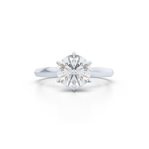 Elegant six-prong Solitaire Engagement Ring. Hand fabricated in solid, sustainable White Gold, or Platinum 950, and handpicked Charles & Colvard Forever One, Round Brilliant Moissanite.  Free Shipping for All USA Orders. 15-Day Returns | BASHERT JEWELRY | Boca Raton, Florida
