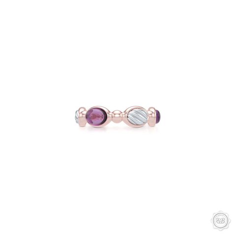 Lilac Amethyst  Gemstone Eternity, Anniversary, Stackable Ring Band. Handcrafted in two tone gold. Rose Gold Band and White Gold accents.  Free Shipping on all USA orders. 30 Day Returns. BASHERT JEWELRY | Boca Raton, Florida