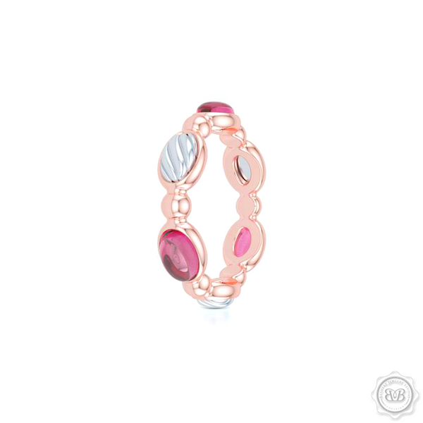 Raspberry Rhodolite Garnet - Color Gemstone Eternity, Anniversary, Stackable Ring Band. Handcrafted in two tone gold. Rose Gold Band and White Gold accents.  Free Shipping on all USA orders. 30 Day Returns. BASHERT JEWELRY | Boca Raton, Florida