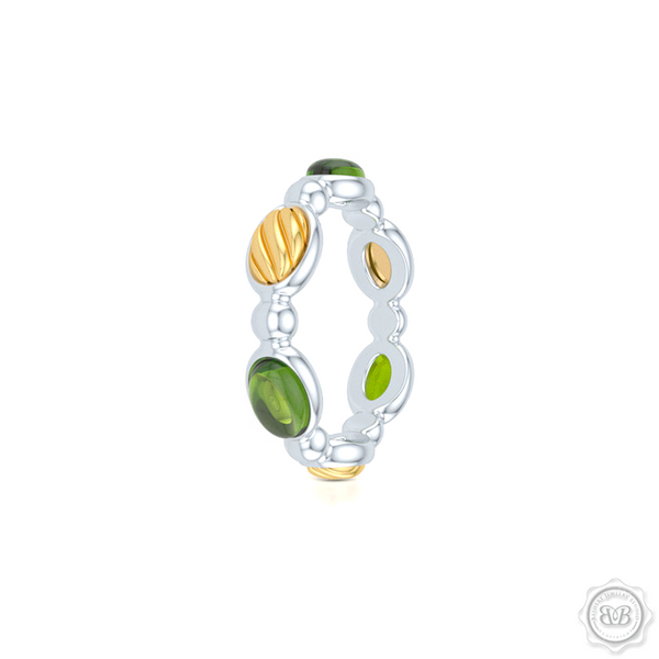 Green Peridot - Color Gemstone Eternity, Anniversary, Stackable Ring Band. Handcrafted in two tone gold. White Gold Band and Yellow Gold accents.  Free Shipping on all USA orders. 30 Day Returns. BASHERT JEWELRY | Boca Raton, Florida