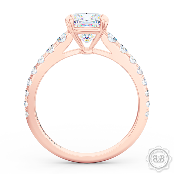 Classic Four Split Prong Cushion Cut Moissanite Solitaire Engagement Ring. Handcrafted in Romantic Rose Gold. Charles & Colvard Forever One,  Colorless Moissanite. French Pavé set Diamond shoulders. Free Shipping for All USA Orders. 30-Day Returns | BASHERT JEWELRY | Boca Raton, Florida.