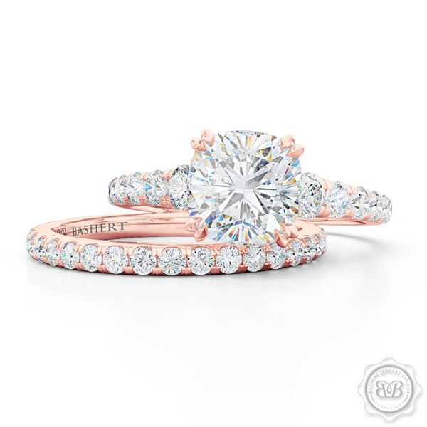 Classic Four Split Prong Cushion Cut Diamond Solitaire Engagement Ring. Handcrafted in Romantic Rose Gold, GIA Certified Diamond and French Pavé set Diamond shoulders. Free Shipping for All USA Orders. 30Day Returns | BASHERT JEWELRY | Boca Raton, Florida