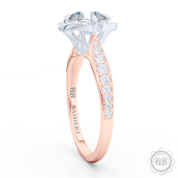 Exquisite round East-West Halo engagement ring. Crafted in Romantic Rose Gold and Platinum. GIA certified Round Diamond.  Elegant bead-set Diamond encrusted shoulders. Free Shipping USA. 30-Day Returns | BASHERT JEWELRY | Boca Raton Florida
