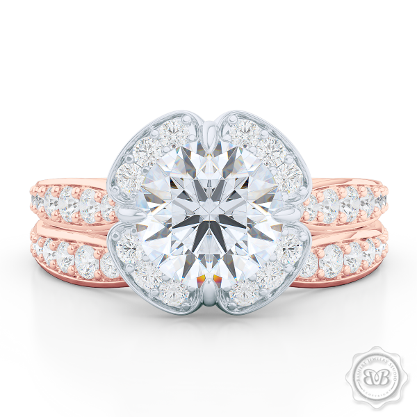 Exquisite round East-West Halo engagement ring. Crafted in Romantic Rose Gold and Platinum. GIA certified Round Diamond.  Elegant bead-set Diamond encrusted shoulders. Free Shipping USA. 30-Day Returns | BASHERT JEWELRY | Boca Raton Florida