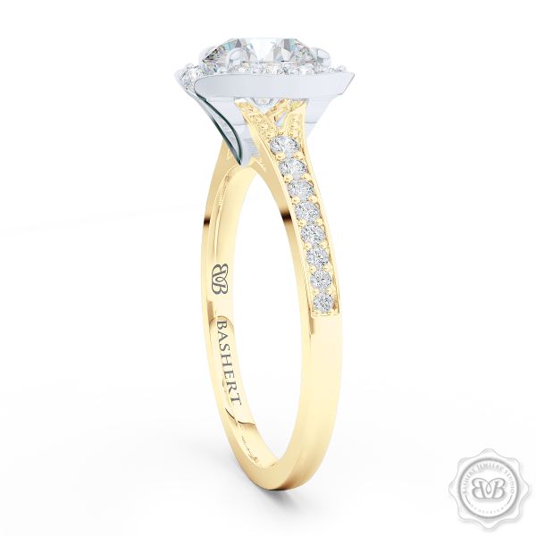 Elegant Round Diamond Halo Engagement Ring Inspired by Paris Architecture. Handcrafted in two-tone Yellow Gold and Platinum. Dazzling Bead-Set Crown and Baby-Split Diamond Shoulders. GIA Certified Diamond. Free Shipping USA 30-Day Returns | BASHERT JEWELRY | Boca Raton, Florida