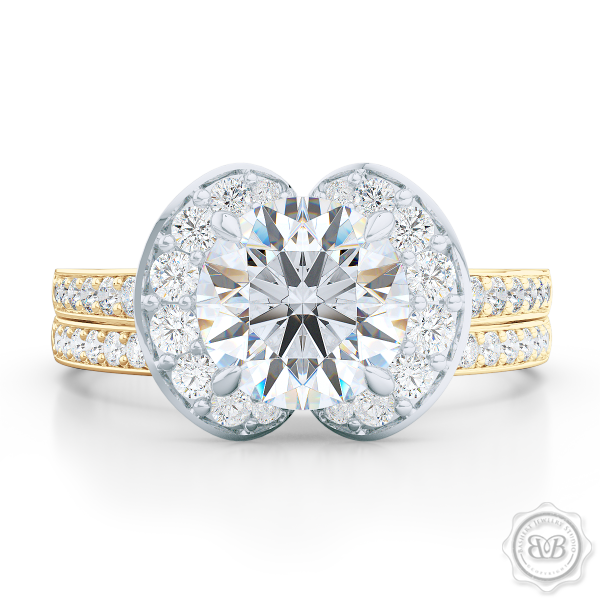 Elegant Round Diamond Halo Engagement Ring Inspired by Paris Architecture. Handcrafted in two-tone Yellow Gold and Platinum. Dazzling Bead-Set Crown and Baby-Split Diamond Shoulders. GIA Certified Diamond. Free Shipping USA 30-Day Returns | BASHERT JEWELRY | Boca Raton, Florida