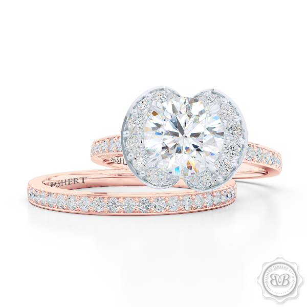 Elegant Round Brilliant, Forever One Moissanite Halo Engagement Ring Inspired by Paris Architecture. Handcrafted in two-tone Rose Gold and Platinum. Dazzling Bead-Set Crown and Baby-Split Diamond Shoulders. Free Shipping USA 30-Day Returns | BASHERT JEWELRY | Boca Raton, Florida