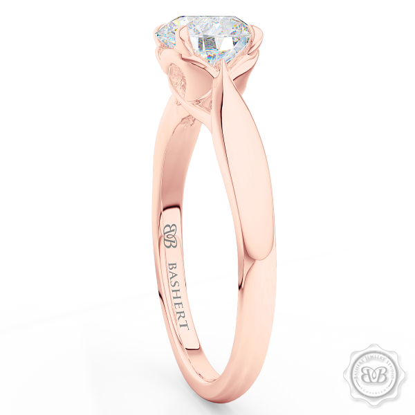 Award-Winning Solitaire Engagement Ring Design. Classic Round Solitaire Handcrafted in Romantic Rose Gold. Signature "Infinity Heart" Crown Accentuated by Gently Tapered Shoulders. GIA Certified Diamond. Free Shipping USA. 30-Day Returns | BASHERT JEWELRY | Boca Raton, Florida