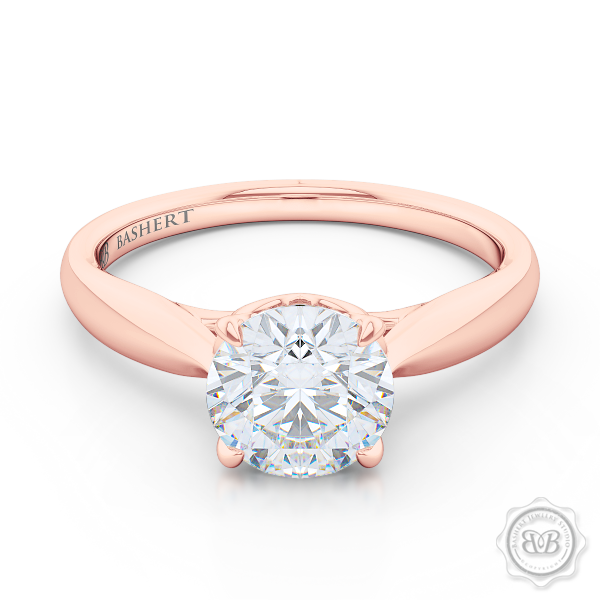 Award-Winning Solitaire Engagement Ring Design. Classic Round Solitaire Handcrafted in Romantic Rose Gold. Signature "Infinity Heart" Crown Accentuated by Gently Tapered Shoulders. Forever One Round Brilliant Moissanite.  Free Shipping USA. 30-Day Returns | BASHERT JEWELRY | Boca Raton, Florida