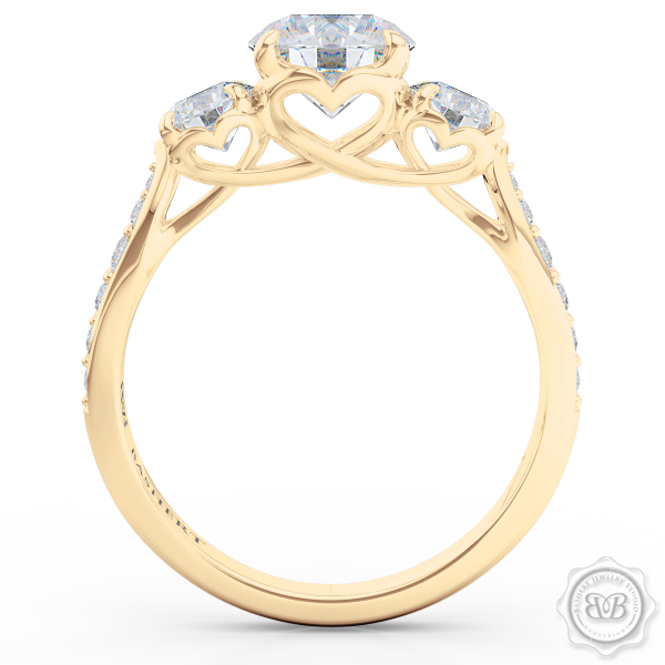 Three-Stone Open Hearts Engagement Ring. Handcrafted in Classic Yellow Gold. GIA Certified Diamond. Celebrate Your Past-Present-Future with our Award-Winning Design.  Free Shipping USA.  30Day Returns | BASHERT JEWELRY | Boca Raton Florida