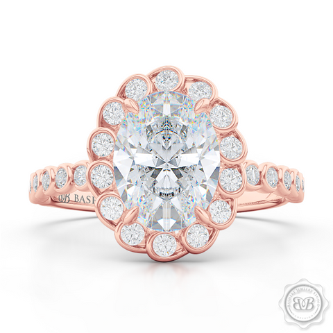 Luscious Oval Cut FOREVER ONE Moissanite Halo Engagement Ring, Crafted in Romantic Rose Gold. Stunning Halo Crown of Bezel-Set Diamonds Encrusted in Elegant Ocean Swirls. Free Shipping USA. 30-Day Returns | BASHERT JEWELRY | Boca Raton, Florida