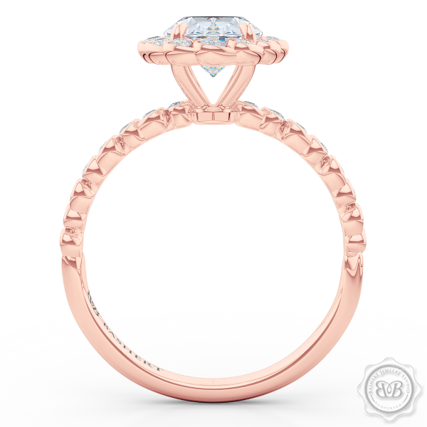 Luscious Oval Cut Diamond Halo Engagement Ring, Crafted in Romantic Rose Gold. Stunning Halo Crown of Bezel-Set Diamonds Encrusted in Elegant Ocean Swirls. Free Shipping USA. 30Day Returns | BASHERT JEWELRY | Boca Raton Florida