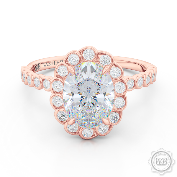 Luscious Oval Cut FOREVER ONE Moissanite Halo Engagement Ring, Crafted in Romantic Rose Gold. Stunning Halo Crown of Bezel-Set Diamonds Encrusted in Elegant Ocean Swirls. Free Shipping USA. 30-Day Returns | BASHERT JEWELRY | Boca Raton, Florida