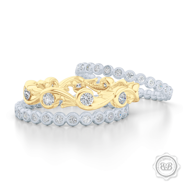 Rose-Vine Motif Eternity Diamond Wedding Band. Handcrafted in Classic Yellow Gold, and adorned with Round Brilliant  Diamonds. Free Shipping for All USA Orders. 30Day Returns | BASHERT JEWELRY | Boca Raton, Florida