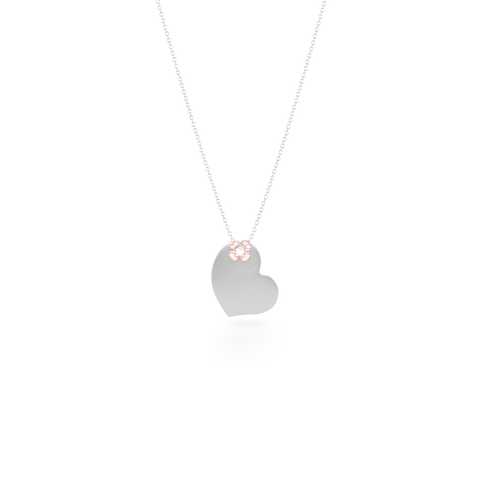 Delicate, two-tone Heart Pendant Necklace. Hand-fabricated in Sterling Silver and solid rose gold, lucky-clover-flower accent. Free Shipping to all USA. 15 Day Returns.  BASHERT JEWELRY | Boca Raton, Florida
