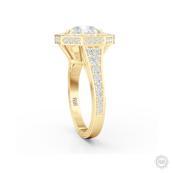 Decadent Octagonal Halo Engagement Ring. Crafted in Classic Yellow Gold.  GIA certified Round Brilliant Diamond. Luxurious appeal with bold modern look. Free Shipping USA. 30-Day Returns | BASHERT JEWELRY | Boca Raton, Florida.