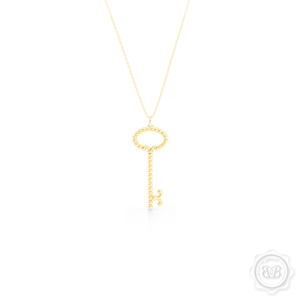 Delicate, Girly Key Pendant Necklace. Handcrafted in Classic Yellow Gold. Available in three sizes. Free Shipping USA. 30 Day Returns. Free Silver Chain Option  | BASHERT JEWELRY | Boca Raton, Florida