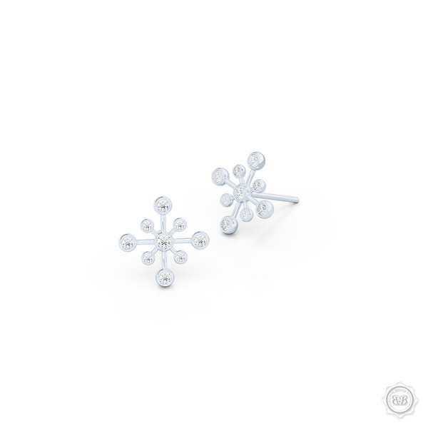 Delicate Snowflake Earring Studs. Handcrafted in White Gold and White Round Brilliant Diamonds. Free Shipping on All USA Orders. 30-Day Returns | BASHERT JEWELRY | Boca Raton, Florida