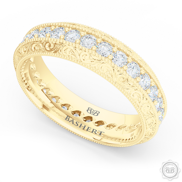 Nature inspired, Diamond Eternity Wedding Ring with a hand carved rose-vine motifs. Crafted in Classic Yellow Gold.  Free Shipping for All USA Orders. 30-Day Returns | BASHERT JEWELRY | Boca Raton, Florida