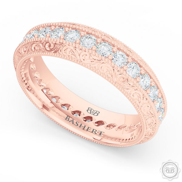 Nature inspired, Diamond Eternity Wedding Ring with a hand carved rose-vine motifs. Crafted in Romantic Rose Gold.  Free Shipping for All USA Orders. 30-Day Returns | BASHERT JEWELRY | Boca Raton, Florida