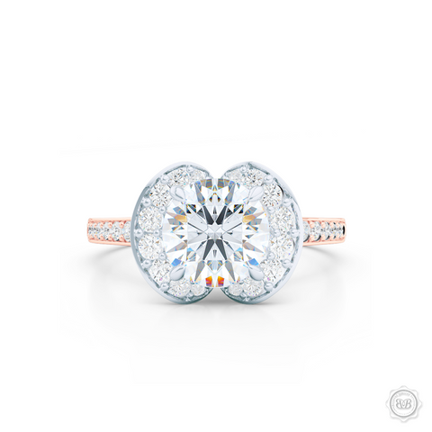 Elegant Round Diamond Halo Engagement Ring Inspired by Paris Architecture. Handcrafted in two-tone Rose Gold and Platinum. Dazzling Bead-Set Crown and Baby-Split Diamond Shoulders. GIA Certified Diamond. Free Shipping USA 30-Day Returns | BASHERT JEWELRY | Boca Raton, Florida