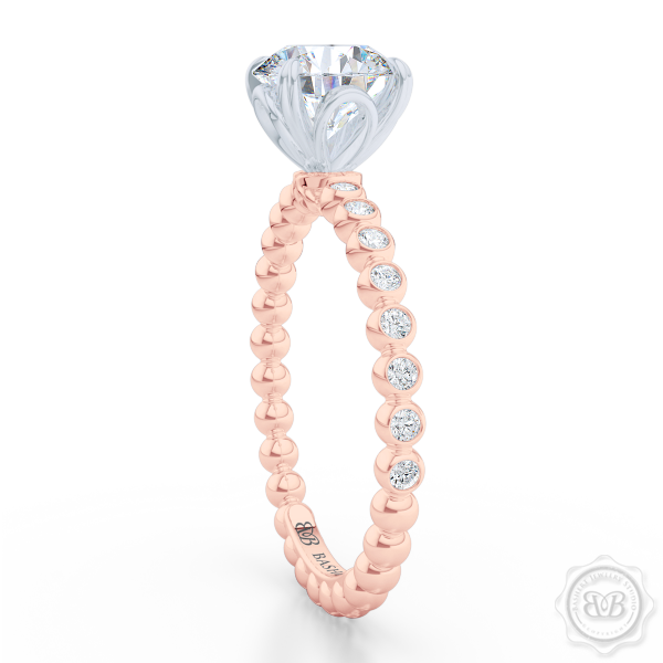 Classic Four-Prong Round Solitaire Engagement Ring Crafted in two-tone Rose Gold and Platinum. Dazzling Bezel-Set Ring Shoulders. Charles & Colvard Forever One Brilliant Moissanite.  Free Shipping USA 30-Day Returns | BASHERT JEWELRY | Boca Raton, Florida