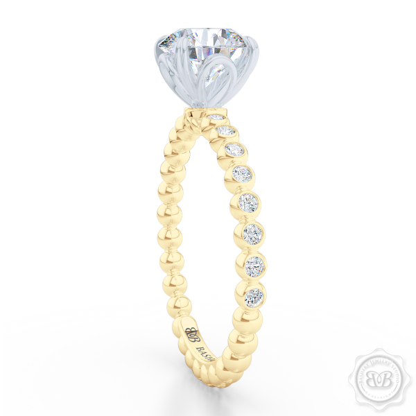 Classic Four-Prong Round Solitaire Engagement Ring Crafted in two-tone Yellow Gold and Platinum. Dazzling Bezel-Set Ring Shoulders. Charles & Colvard Forever One Brilliant Moissanite.  Free Shipping USA 30-Day Returns | BASHERT JEWELRY | Boca Raton, Florida