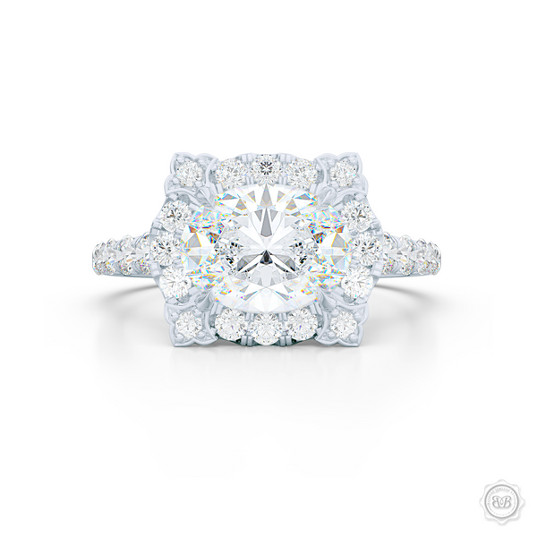 East-West Oval Diamond Halo Engagement Ring. Handcrafted in Precious Platinum or White Gold. GIA Certified Oval Diamond. Vintage-inspired lines with a unique flower prong accents. Free Shipping USA. 30-Day Returns | BASHERT JEWELRY | Boca Raton, Florida